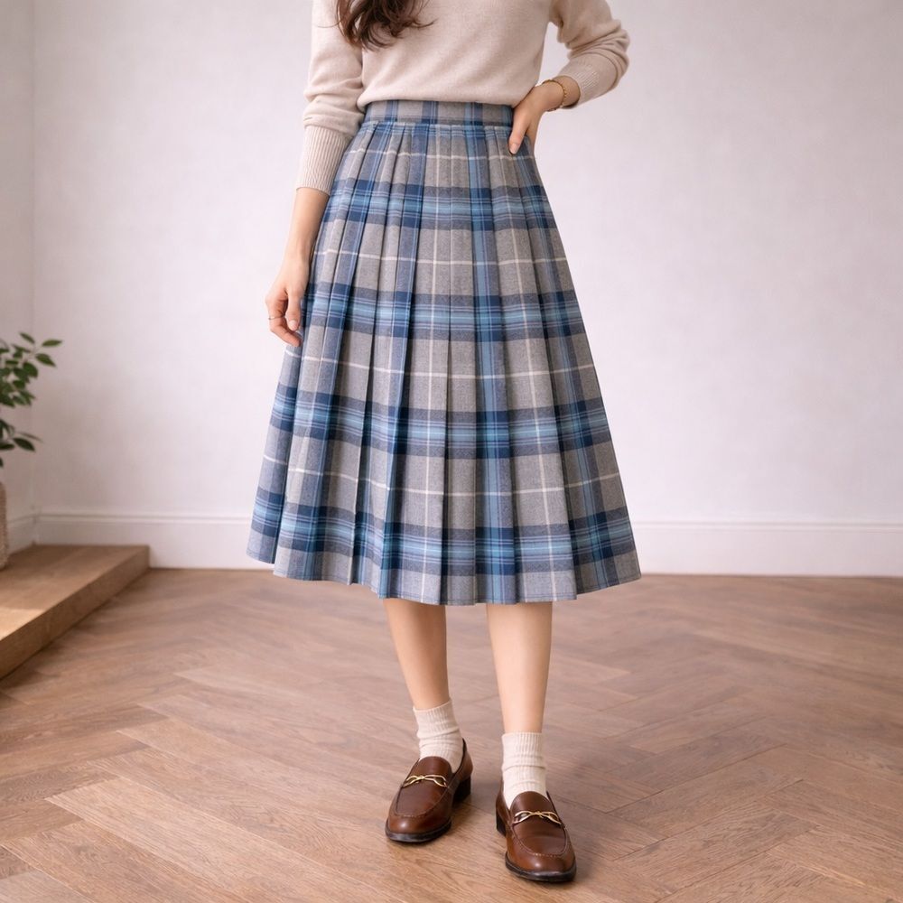 Vintage Moffat Weavers Blue Grey Tartan Wool Pleated Skirt Scotland Modern Sz 2